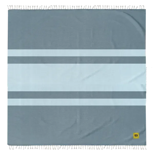 Oversized blue striped blanket with light and dark blue horizontal bands, fringe edges, 10x10 size
