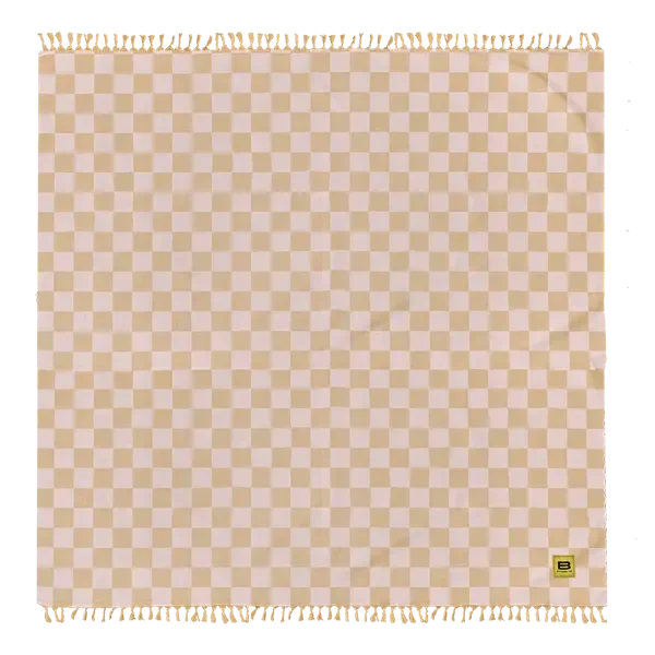 Beige and cream checkered oversized blanket with fringe trim edges, 10x10 size