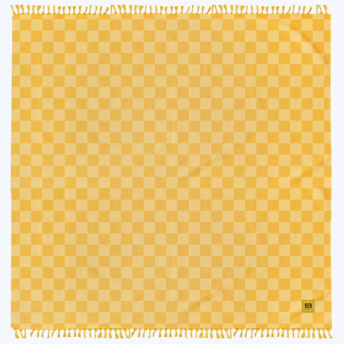 Golden yellow and cream checkered oversized blanket with fringe trim edges and Big Blanket Co logo