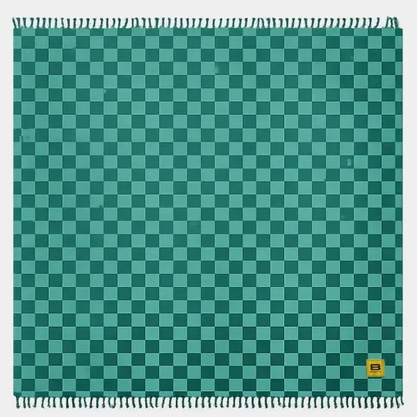 Teal and green checkered oversized blanket with fringe trim, 10x10 size