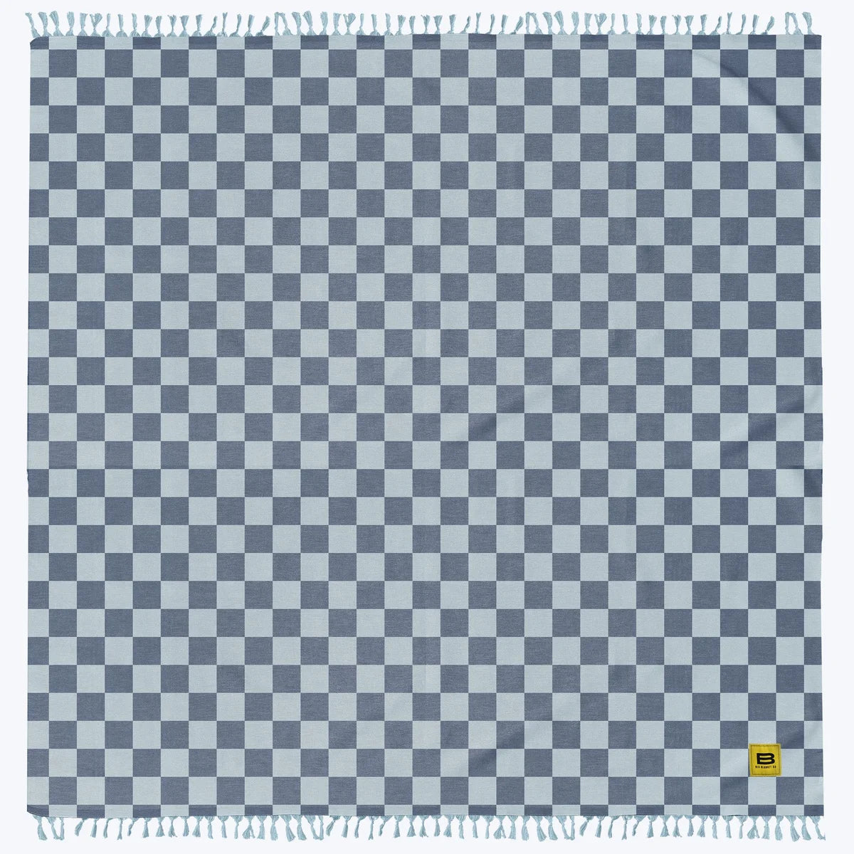 Big Beachy oversized checkered blanket in blue and light blue, 10x10 feet, with fringe edges and yellow brand tag