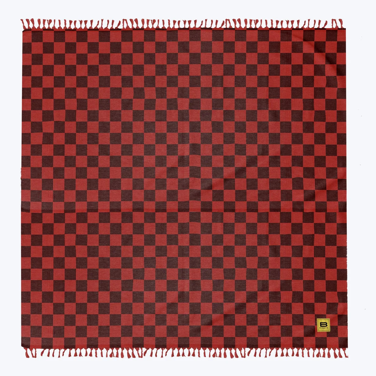 Red and burgundy checkered oversized blanket with fringe trim edges, 10x10 size