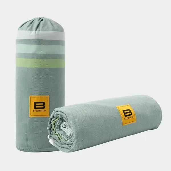 Tidepool Stripes oversized blanket rolled and unrolled, showing sage green base with mint, white, and yellow stripe design, Big Blanket Co logo