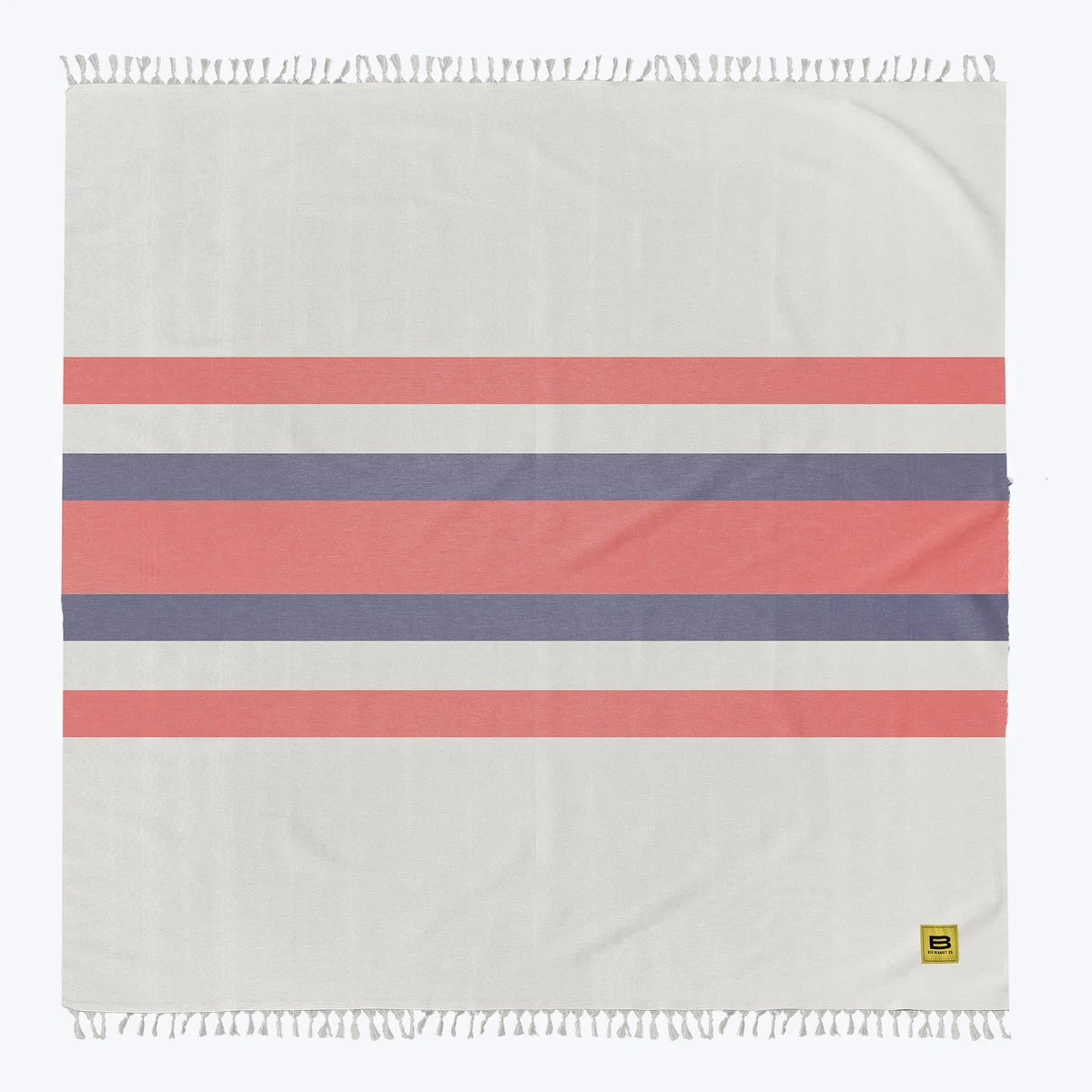 Cream oversized blanket with coral and slate stripe pattern and fringe trim