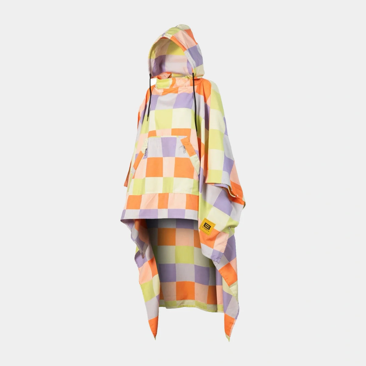 Colorful checkerboard poncho in orange, yellow, purple and cream draped over figure with hood