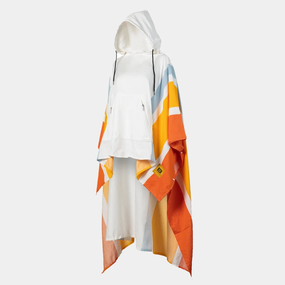 Big Beachy oversized poncho in sunrise stripes with white, blue, yellow, and orange color blocking