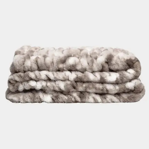 Chunky knit oversized blanket in gray and cream striped pattern, folded display