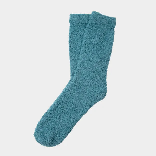 Teal fuzzy crew sock with soft texture, displayed against neutral background