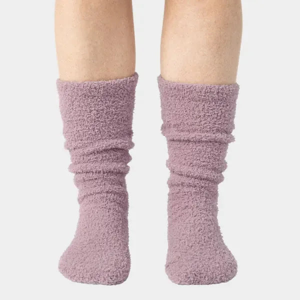 Mauve cozy crew socks with textured chenille fabric and gathered ruching detail on legs
