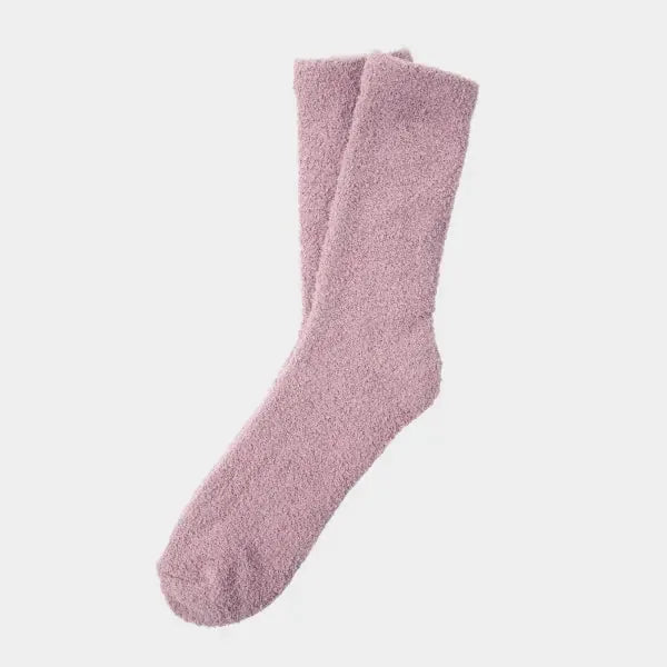 Mauve cozy crew socks displayed flat on white background