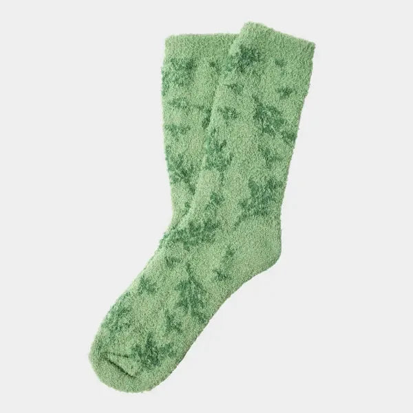 Sage green fuzzy crew socks with textured knit pattern
