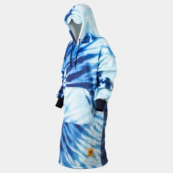 Blue tie-dye oversized wearable blanket hoodie with kangaroo pocket and drawstring hood