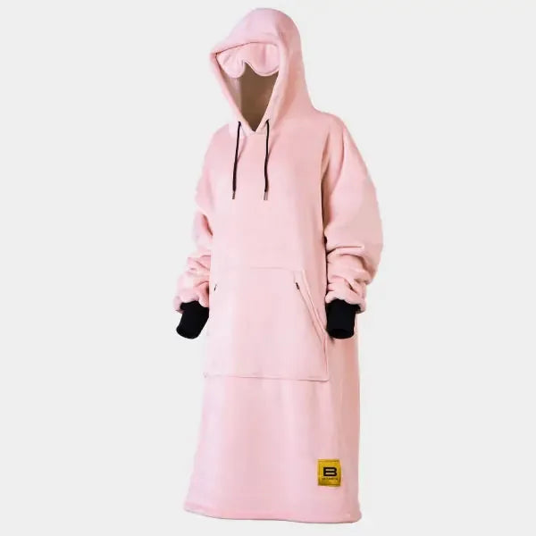Pink oversized wearable blanket hoodie with kangaroo pocket and black cuff details