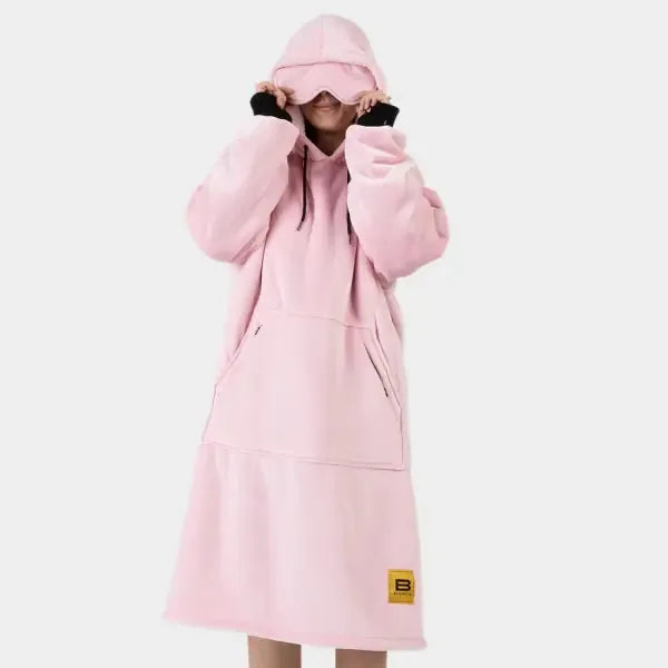 Pink Hideout Hoodie oversized blanket worn as dress with hood and kangaroo pocket