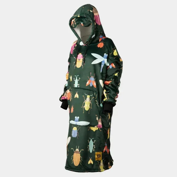 Dark green oversized blanket hoodie with colorful insect and bug print, featuring dragonfly, beetles, and flowers throughout