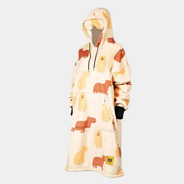Cream Hideout Hoodie oversized blanket with bear and dog print, worn as wearable blanket with hood and sleeves