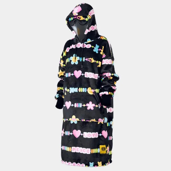 Black oversized hoodie blanket with colorful beaded necklace print design and kangaroo pocket