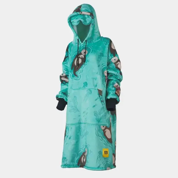 Turquoise Hideout Hoodie oversized wearable blanket with whale print and black cuffs