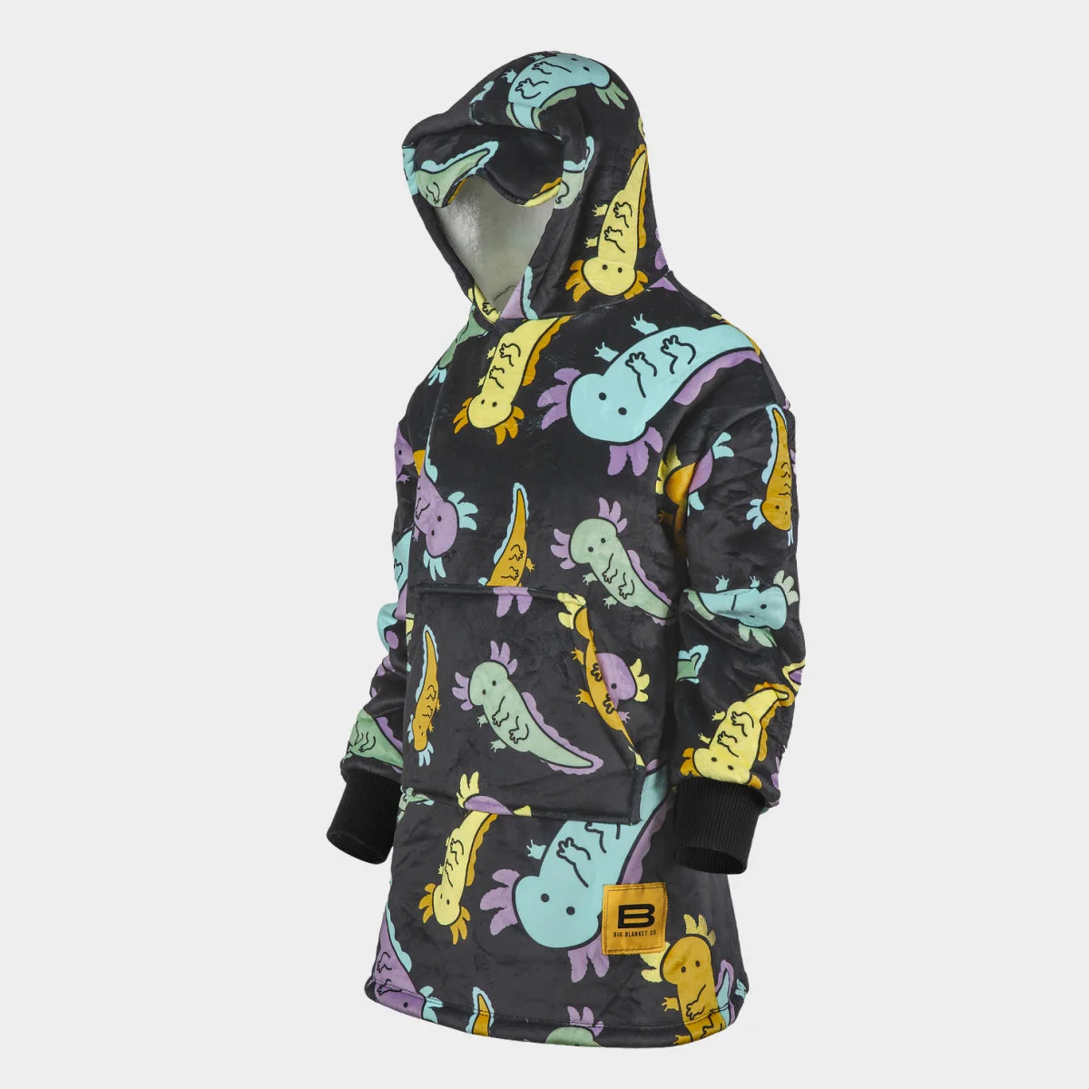 Hideout Hoodie™ Kids wearable blanket in Axolotl Drift, side view — charcoal ground scattered with pastel axolotls in mint, lavender, aqua and marigold