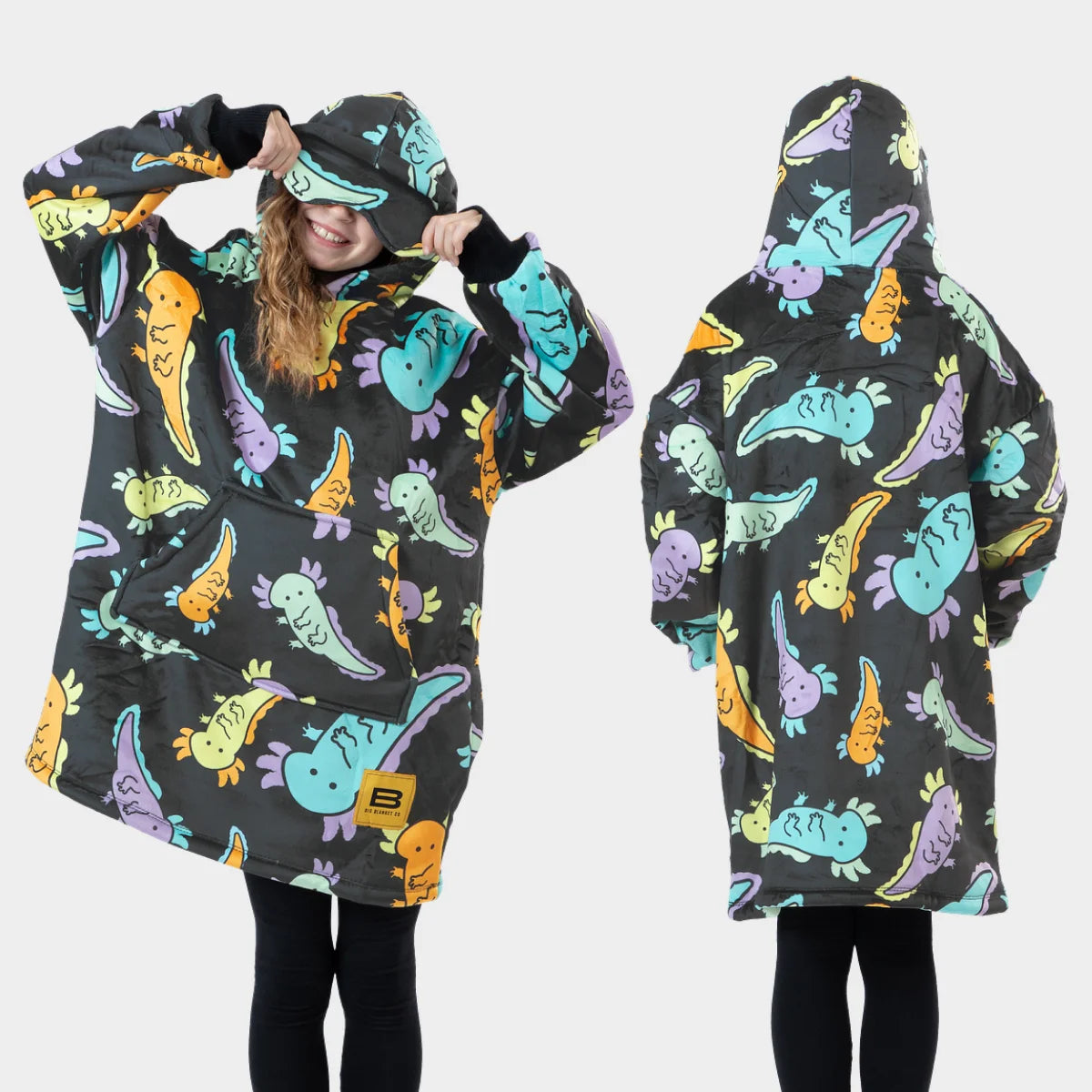 Front and back views of a child wearing the Axolotl Drift Hideout Hoodie™ Kids wearable blanket