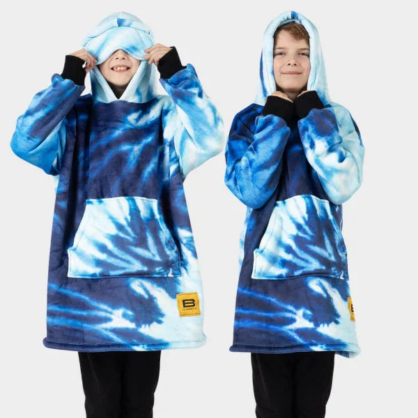 Kids wearing blue tie-dye Hideout Hoodies with kangaroo pouches and attached hoods, paired with black leggings