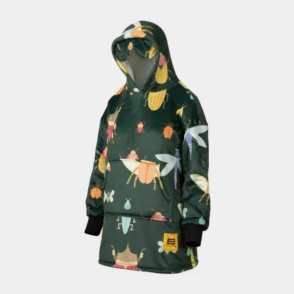 Dark green oversized hoodie with colorful bug and insect print, hood up on mannequin