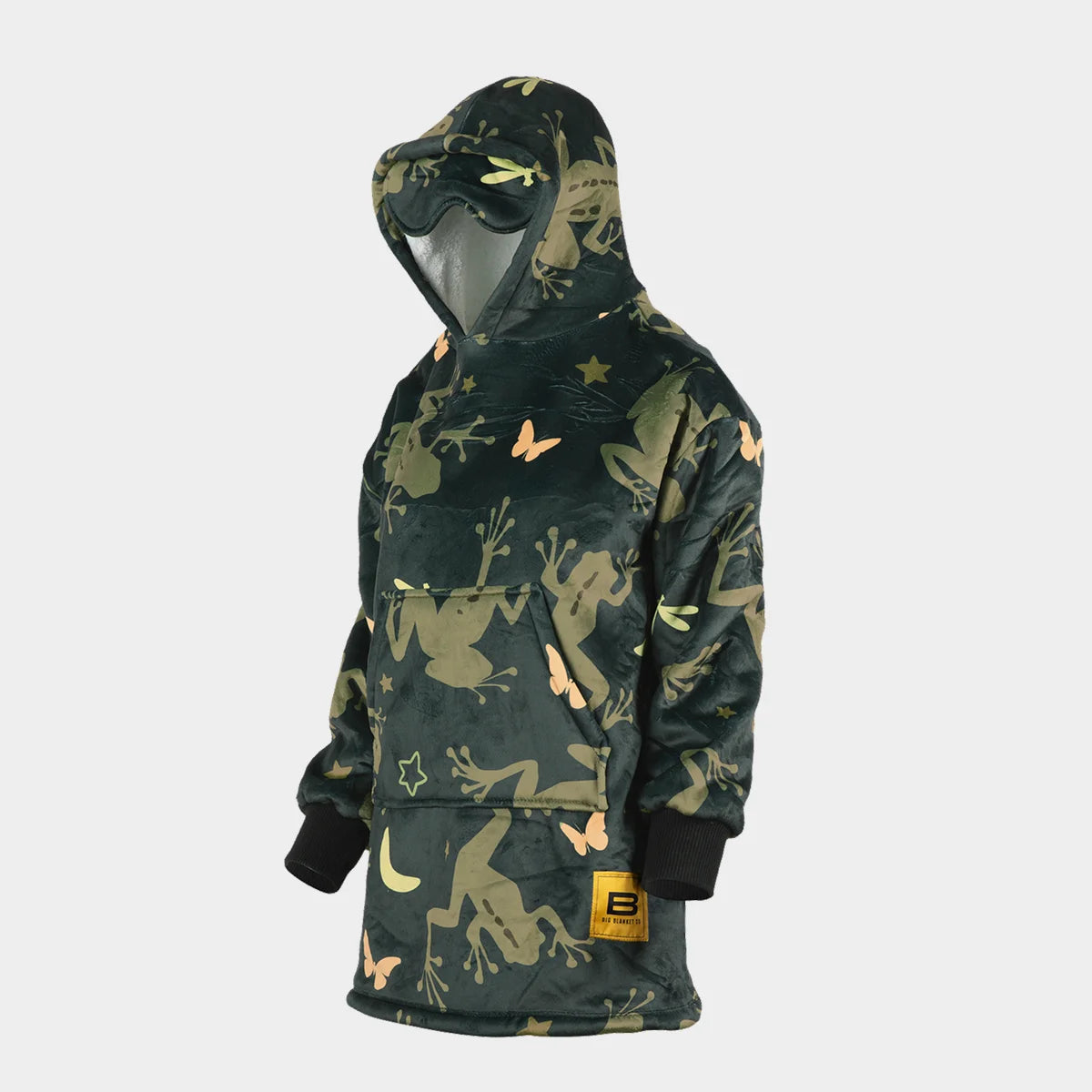 Hideout Hoodie™ Kids wearable blanket in Dreamy Frogs, side view — deep forest-green ground with olive tree frogs, stars, moons and peach butterflies