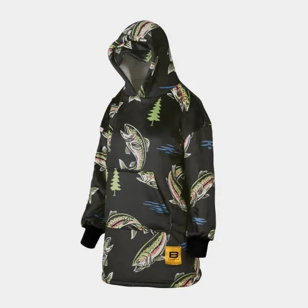 Oversized wearable blanket with black fish and forest print, ribbed cuffs, kangaroo pocket, and pull-over hood