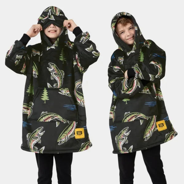 Oversized black Hideout Hoodie with fishing and forest print, hooded design worn by two children