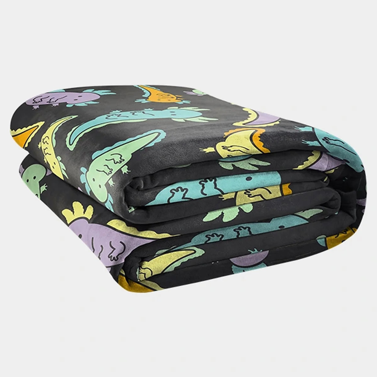 Original Stretch™ oversized blanket in Axolotl Drift, folded into a stack — charcoal ground scattered with pastel axolotls in mint, lavender, aqua and marigold