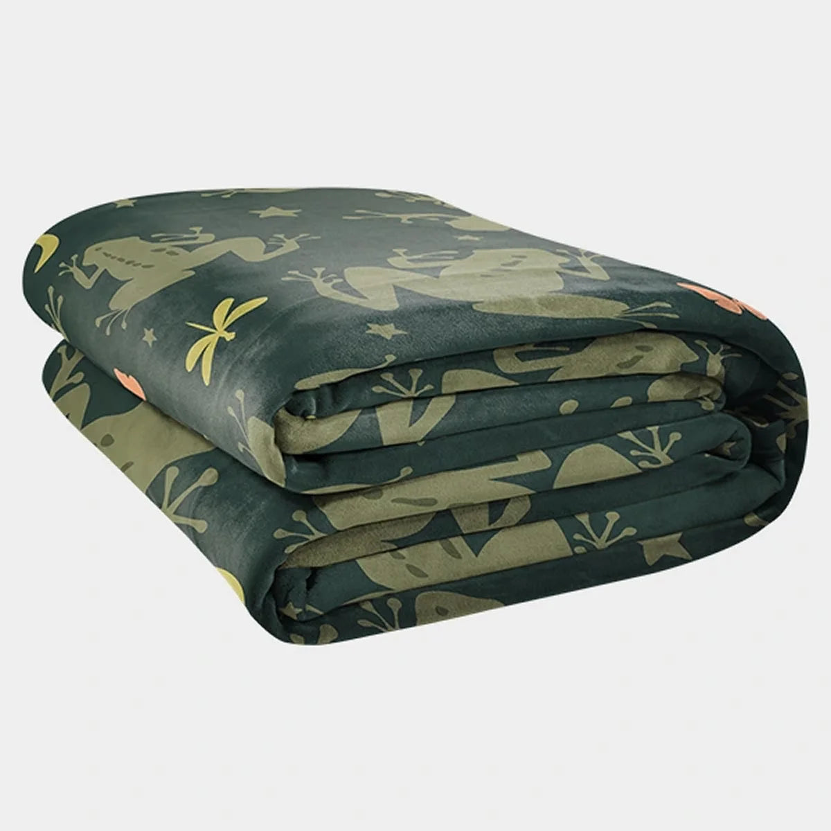 Original Stretch™ oversized blanket in Dreamy Frogs, folded into a stack — deep forest-green ground with olive tree frogs, stars, moons and peach butterflies