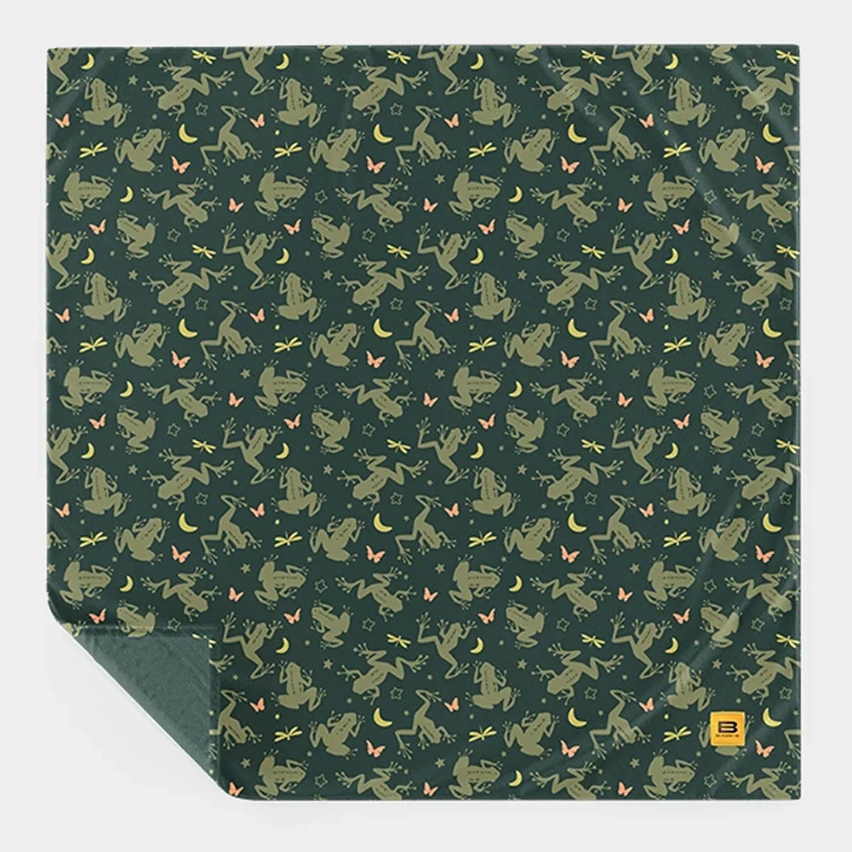 Dreamy Frogs Original Stretch™ blanket laid flat with one corner turned back, showing the full repeating print