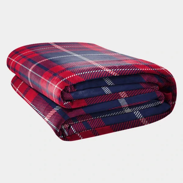 Navy and red plaid oversized blanket with sherpa lining, rolled and stacked