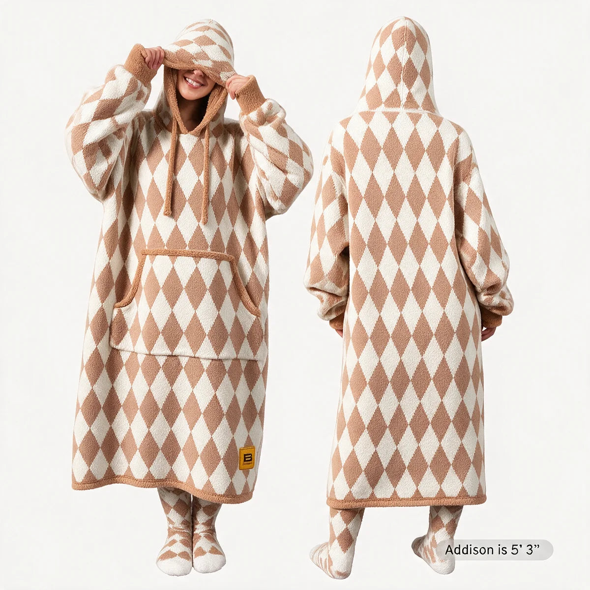 Premier Plush™ Hoodie wearable blanket in Dusty Diamond, front and back on two models — a buttercream cream ground in a harlequin diamond lattice of warm camel tan, with tan edge binding, cuffs and trim