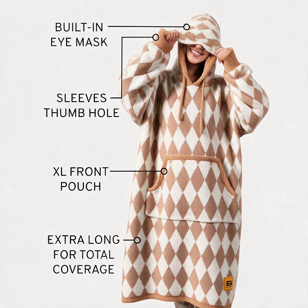 Labelled diagram of the Dusty Diamond Premier Plush™ Hoodie showing the built-in eye mask, thumb-hole sleeves and XL front pouch