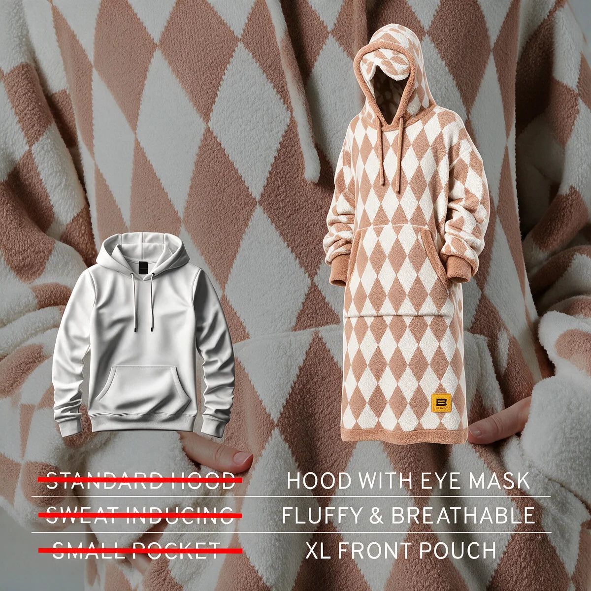 Comparison graphic showing a standard hoodie beside the Dusty Diamond Premier Plush™ Hoodie with its eye-mask hood and XL pouch