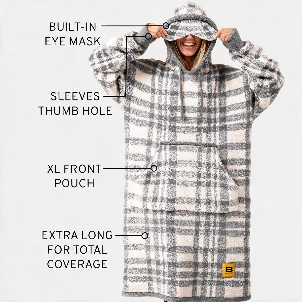 Labelled diagram of the Grey Plaid Premier Plush™ Hoodie showing the built-in eye mask, thumb-hole sleeves and XL front pouch