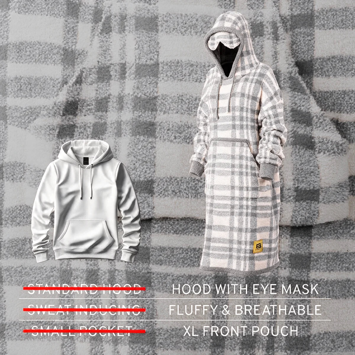 Comparison graphic showing a standard hoodie beside the Grey Plaid Premier Plush™ Hoodie with its eye-mask hood and XL pouch