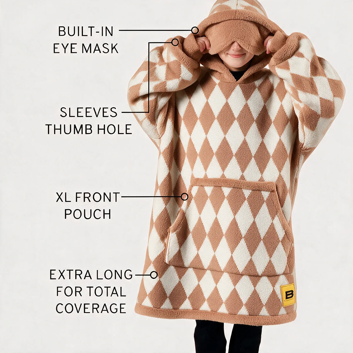 Labelled diagram of the Dusty Diamond Premier Plush™ Hoodie Kids showing the built-in eye mask, thumb-hole sleeves and XL front pouch