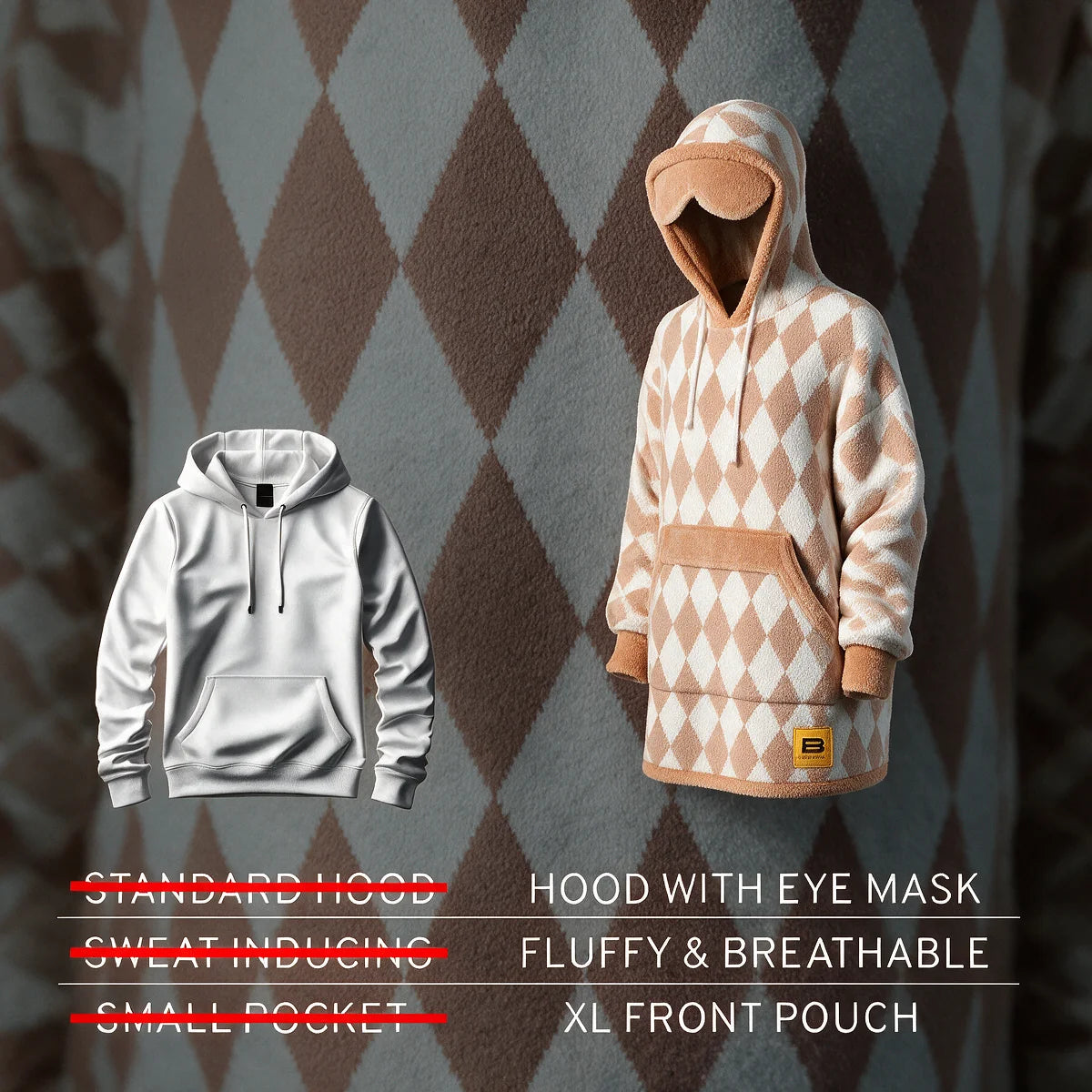 Comparison graphic showing a standard hoodie beside the Dusty Diamond Premier Plush™ Hoodie Kids with its eye-mask hood and XL pouch