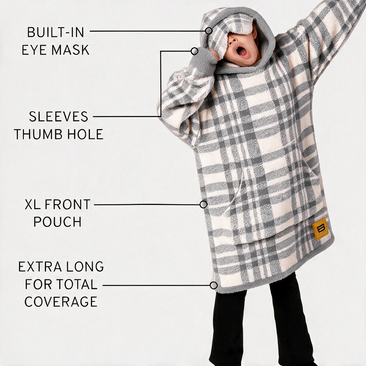 Labelled diagram of the Grey Plaid Premier Plush™ Hoodie Kids showing the built-in eye mask, thumb-hole sleeves and XL front pouch