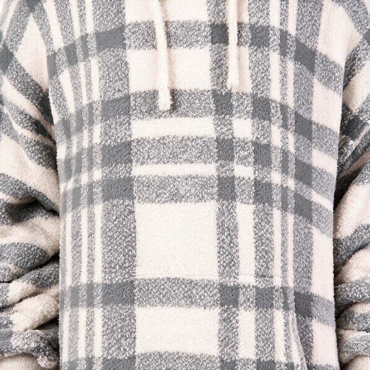 Close-up of the Grey Plaid Premier Plush™ Hoodie Kids fabric and front pouch