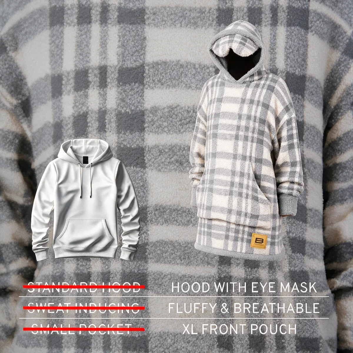 Comparison graphic showing a standard hoodie beside the Grey Plaid Premier Plush™ Hoodie Kids with its eye-mask hood and XL pouch