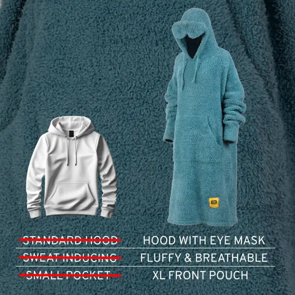 Premier Plush oversized hoodie blanket in dusty blue, showing hood with eye mask detail and XL front pouch