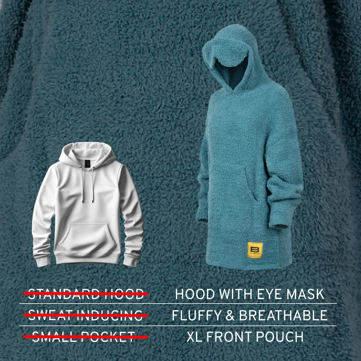 Aqua Premier Plush oversized hoodie with integrated eye mask hood, fluffy texture, and XL front pouch pocket