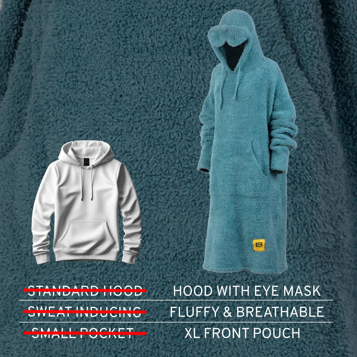 Teal oversized hoodie blanket with eye mask hood, fluffy texture, and XL front pouch pocket
