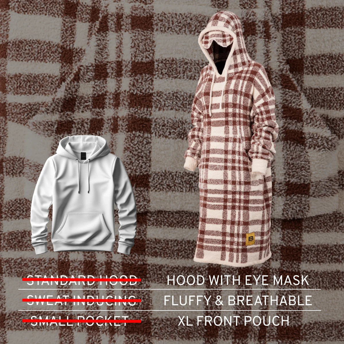 Marsala plaid oversized blanket hoodie with attached hood and eye mask on mannequin against checkered background