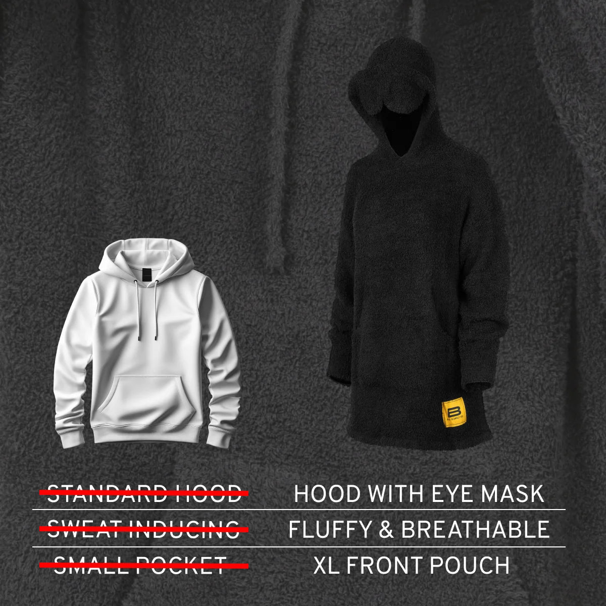Black oversized hoodie with attached eye mask hood, fluffy breathable fabric, and extra-large front pouch pocket