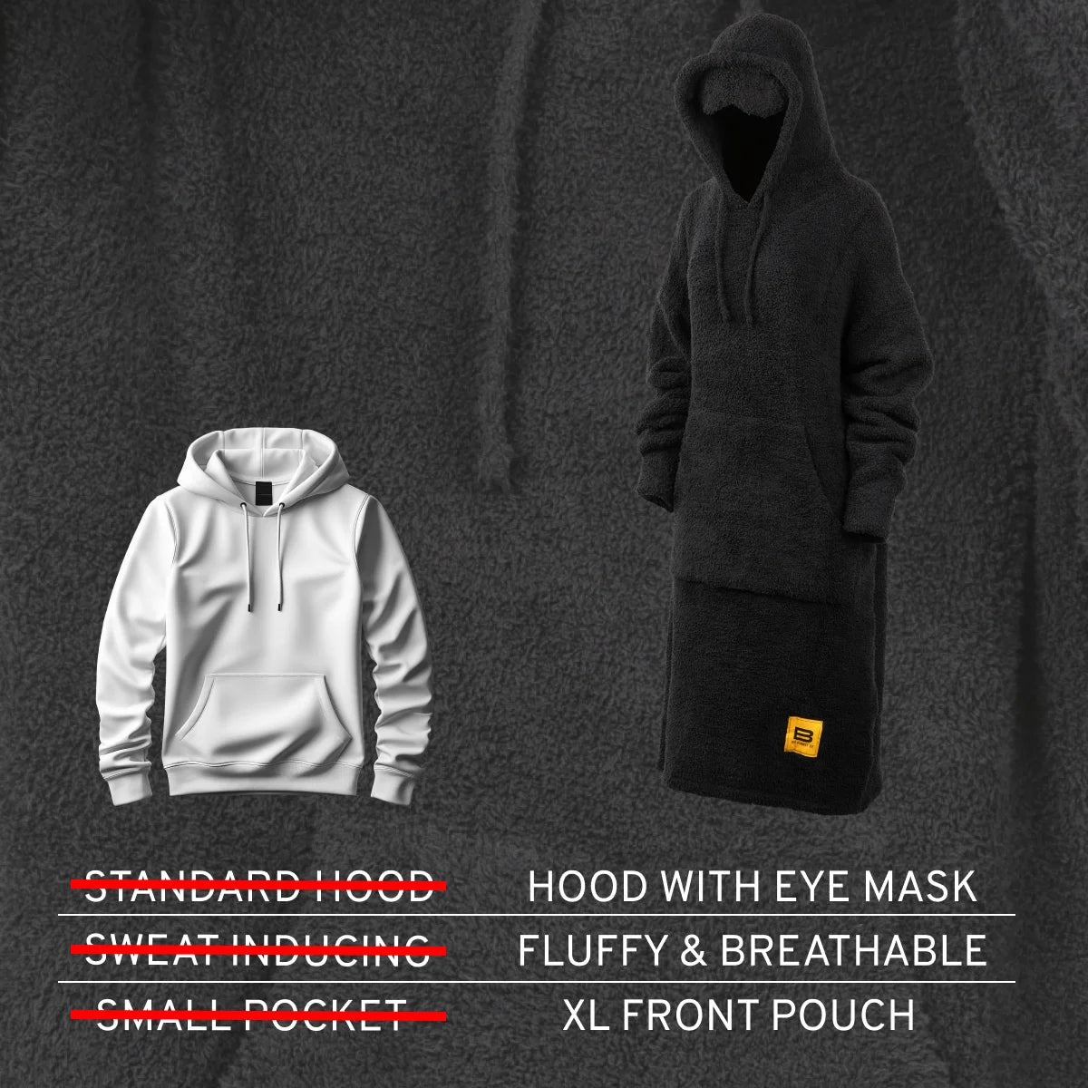 Black Premier Plush oversized hoodie with attached eye mask hood and XL front pouch pocket