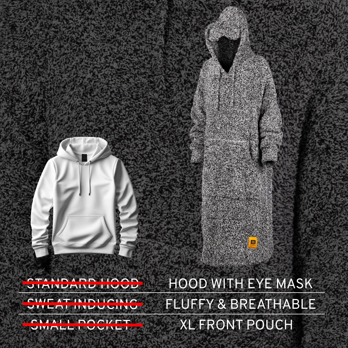 Premier Plush™ Hoodie in Black Heather featuring hood with eye mask, fluffy breathable fabric, and XL front pouch